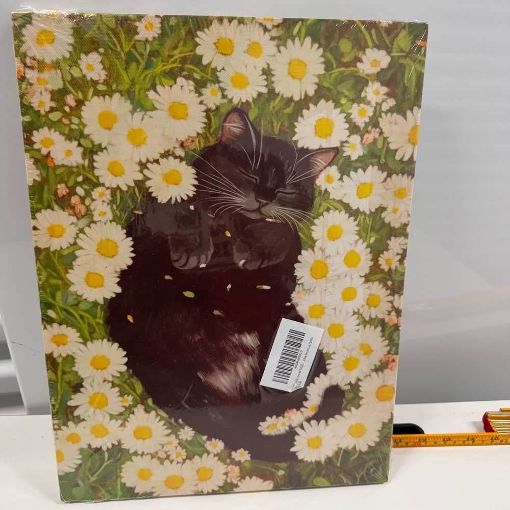 Black Cat in Daisy Field Canvas Wall Art 12x16 Floral Nature Cottagecore Decor